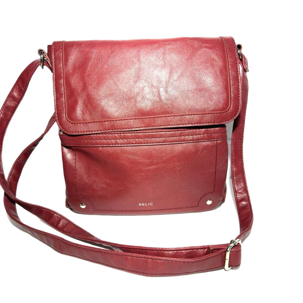 Relic Burgundy Faux Leather Crossbody Bag Magnetic Flap Front Zip Pocket 11x11in